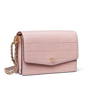 Tory Burch Mini Robinson Convertible Shoulder Bag Pink Croc Embossed Leather